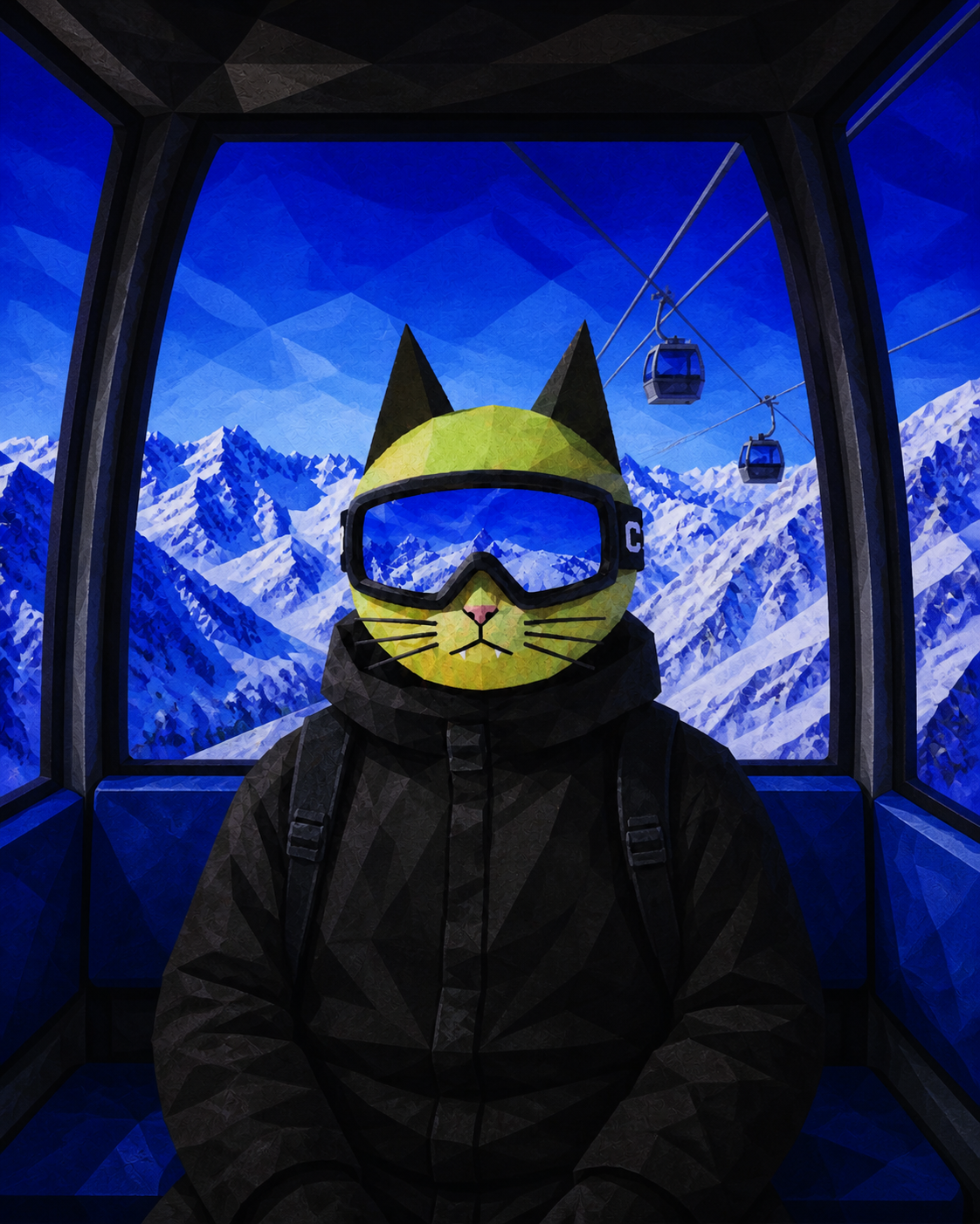 Ski Mask Cat alone inside a cable car